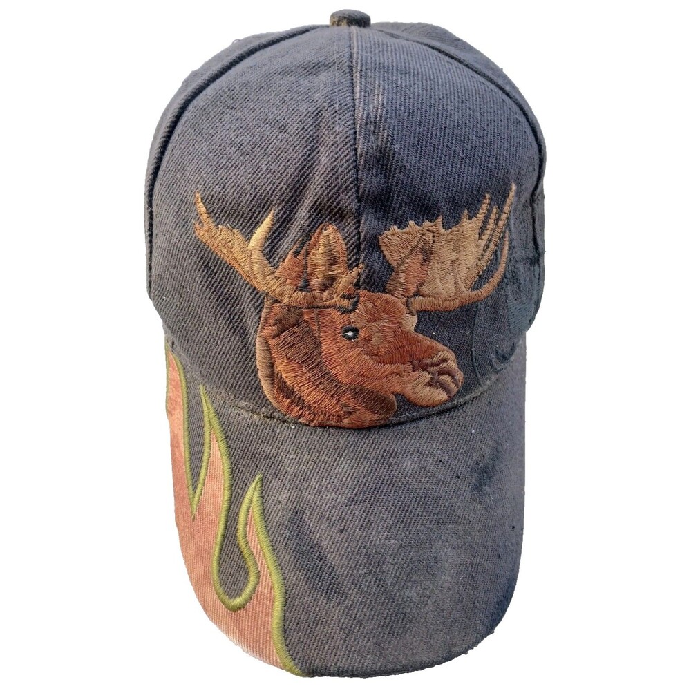 Moose Hunter Head Hat Cap Snapback Embroidered Brown Green Flame Bill Distressed